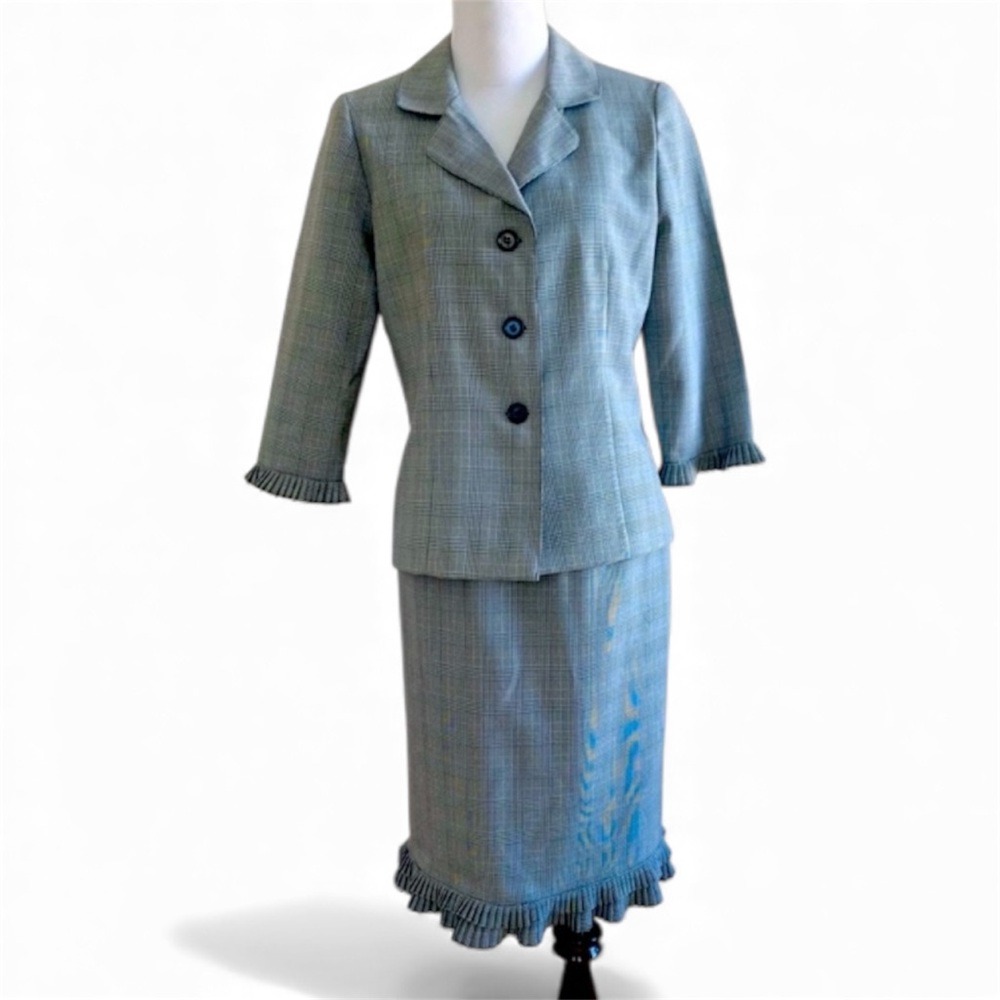 VINTAGE PLAZA SOUTH SKIRT SUIT JACKET 2Pc SET PLAID GRAY 6 RUFFLE OFFICE SIREN